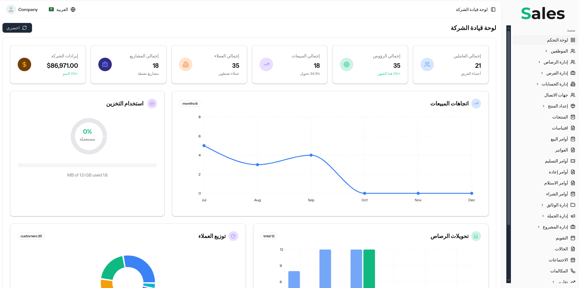 منصة Sales CRM شاملة لإدارة المبيعات والعملاء والمشاريع